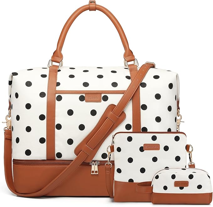 3Pcs Set Polka Dots Weekender Bags for Women Canvas Carry On Overnight Bag Travel Duffle Tote Bag for with Shoes Compartment, Brown