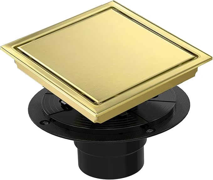 6 Inch Square Shower Floor Drain, Shower Drain Kit with Flange and 2 in 1 Tile-Insert Cover, Square Shower Drain, SUS 304 Stainless Steel Floor Drain,Brushed Gold