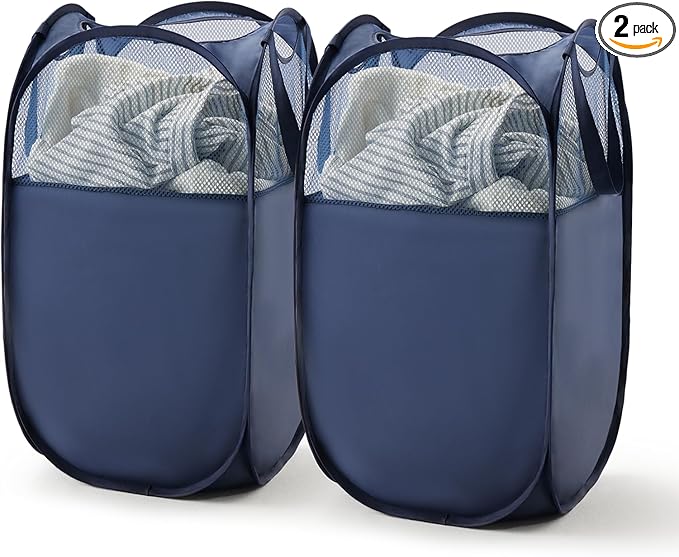 TECHMILLY Pop Up Foldable Laundry Basket, Mesh Laundry Hamper with Reinforced Handles for Dirty Clothes Storage in Dorm, Laundry Room, Bathroom, Blue(Fabric), 2 Pack