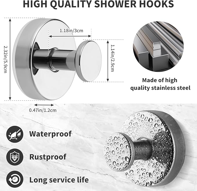 Suction Cup Hooks for Shower Stainless Steel, Suction Hooks for Shower Wall Hangs 11lbs, Bathroom, Kitchen, Glass Door, Mirror, Tile, Loofah, Towel, Coat, Bath Robe, Chrome 2 Pack