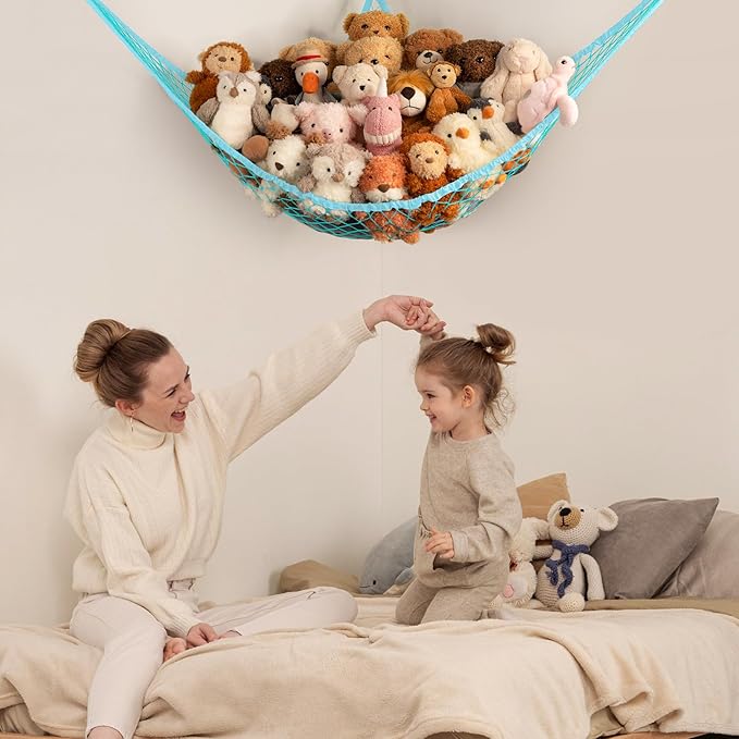 Stuffed Animal Storage Hammock Net Corner - Large Toy Hammock Net for Stuffed Animals Room Decor - Cute Stuff Animal Organizer Holder for Plush Plushie - Kids Baby Nursery Wall Bedroom Home Decor