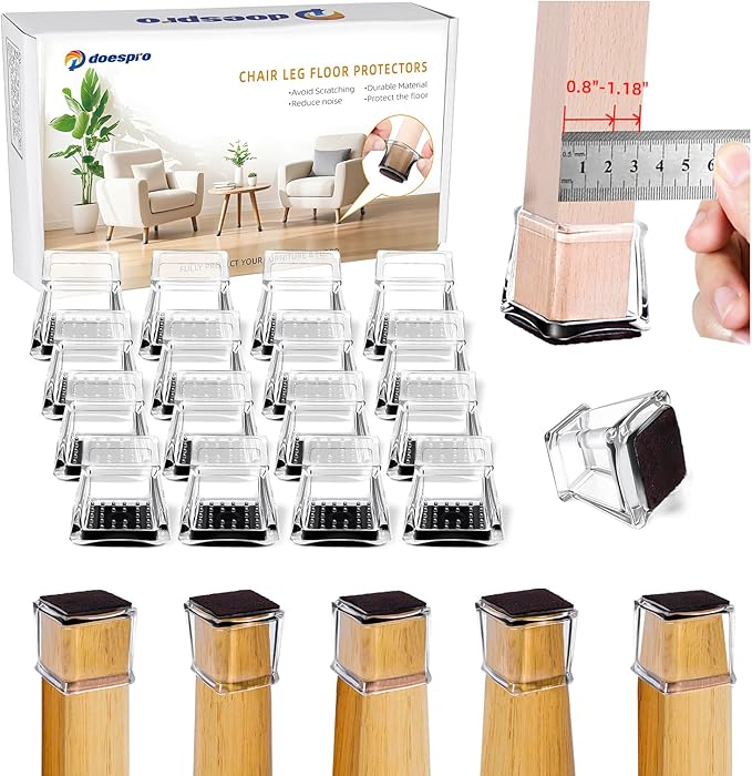 24Pack Clear Square Chair Leg Floor Protectors for Hardwood Floors,Felt Furniture Pads,Silicone Chair Leg Covers to Protect Floors, Non-Slip, Reduce Noise, Anti Scratch (M(Fit0.8-1.18") Square)