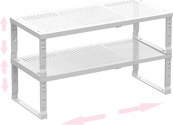 Metal Stackable Expandable Storage Shelf - Multi-Functional Home Storage Shelf, Suitable for Kitchen, Cabinet, Bathroom, Office, Garage, etc. (2 PACKS/White/Large)