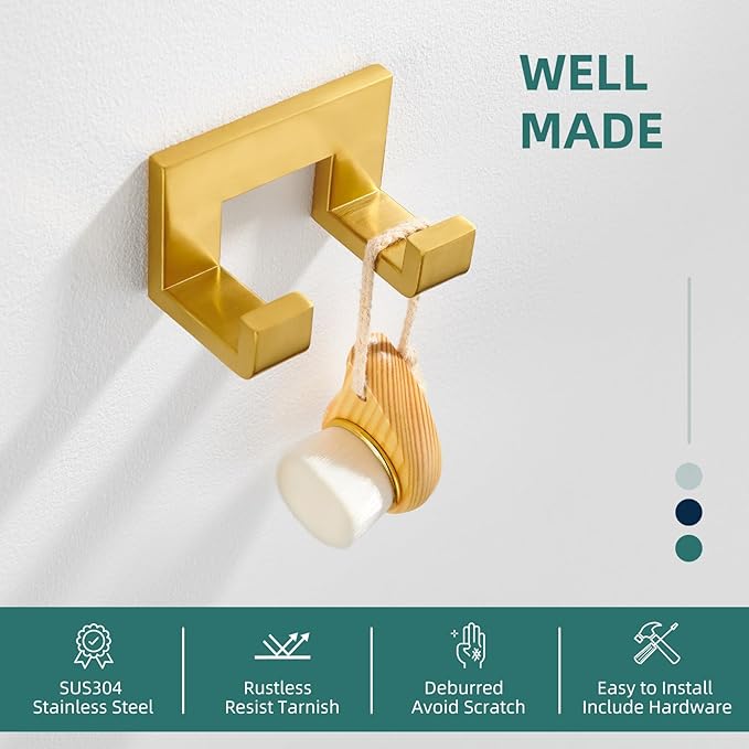 Angle Simple Towel Hook, SUS 304 Stainless Steel Wall Coat Hook, Bathroom Double Hand Towel Holder, Brushed Dark Gold