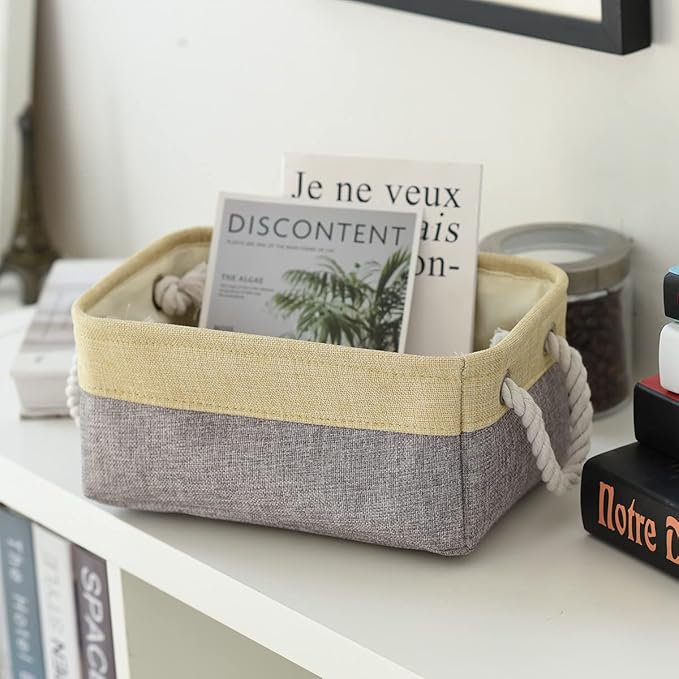 Sacyic Fabric Storage Baskets for Organizing (6 Pack) Small Baskets for Shelves, Storage, Laundry, Nursery, Closets, Decorative Baskets for Gifts Empty (Grey & Gold, 11.8” x 7.8” x 5.1”)