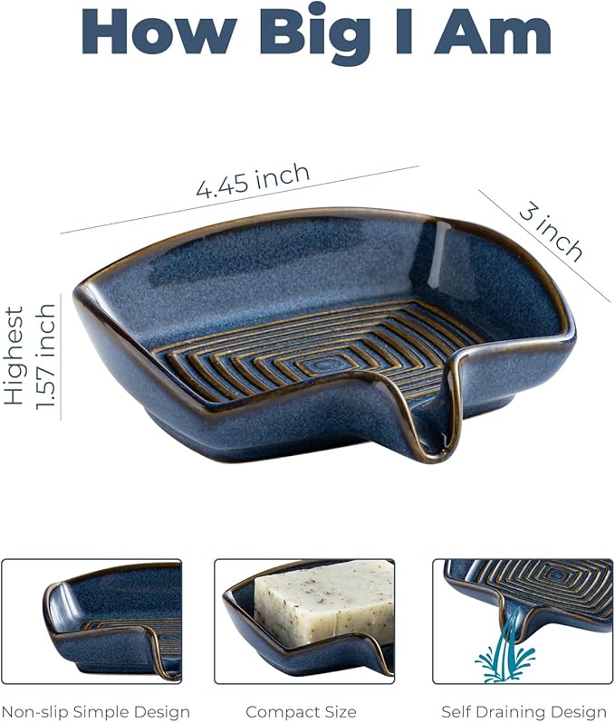 Ceramic Soap Dish, Bar Soap Holder with Drain Spout, Self-Draining Soap Saver for Shower, Bathroom, Kitchen Sink, Bathtub, Keeps Soap Dry, Blue