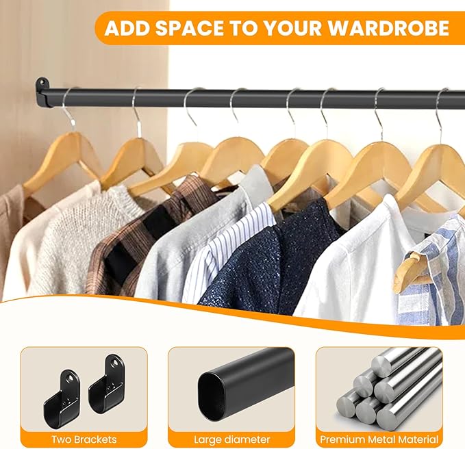 Oval Closet Rod for Hanging Clothes Adjustable Closet Rods 18 to 75 Inch Heavy Duty Black Poles Bar Closet Rod Expandable for Wardrobes Laundry RV