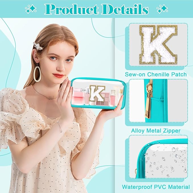 Personalized Initial Letter Clear Makeup Bag,Preppy Small Nylon&PVC Cosmetic Zipper Bag with Chenille Letter,Portable Beach Travel Skincare Toiletry Bag,Trendy Monogram Gift for Teen Girls Women,K