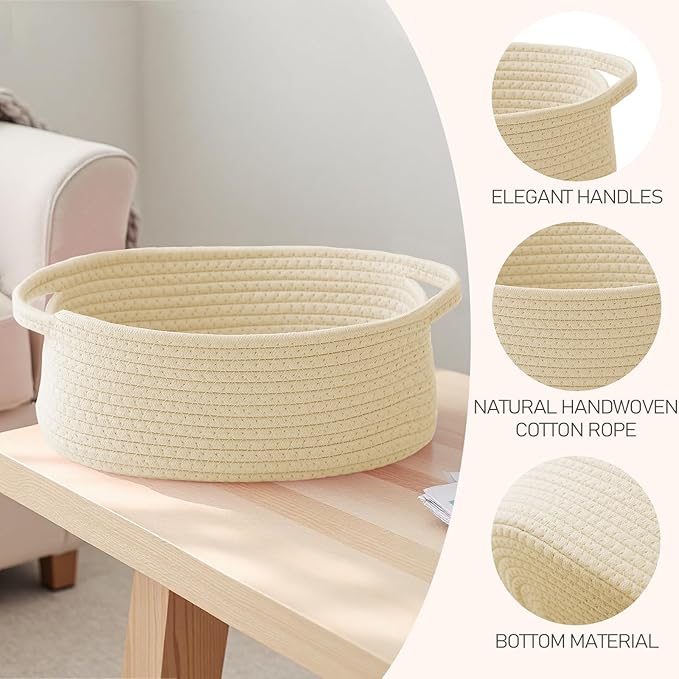 Woven Basket, Small Rope Storage Bin with Handles & Ribbon Bag, Organizer for Shelves Closets, Empty Gift Basket for Birthday, Books, Dog Toys, Beige/2 Pack