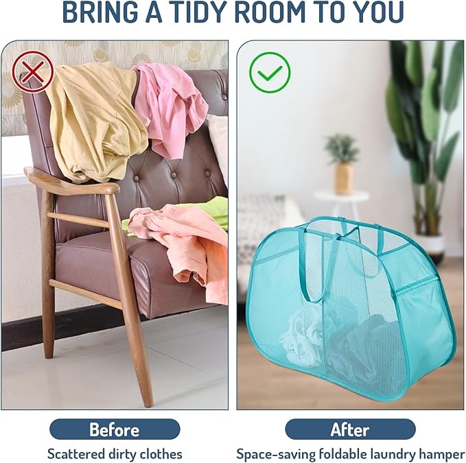 Mesh Popup Laundry Hamper 2 Compartment, Collapsible Laundry Sorter Basket Foldable Hamper for Clothes, College Dorm, Travel (Turquoise Blue)