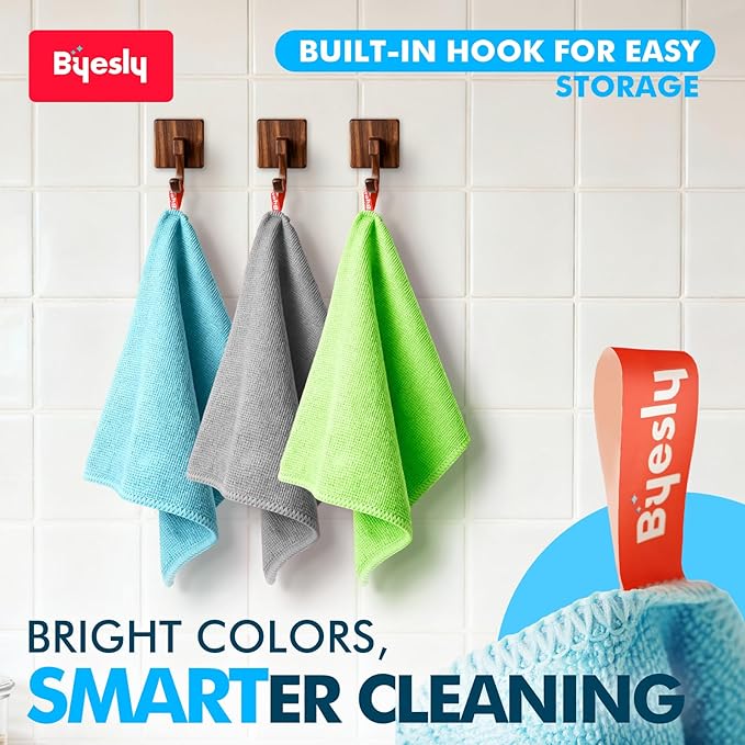 Byesly 24-Pack Microfiber Cleaning Cloth, 11.5x11.5 Microfiber Towels for Cars, Dishes & House, for Detailers, Chefs & Efficient Home | Scratch-Free, Lint-Free, Ultra Absorbent (Blue/Green/Grey)