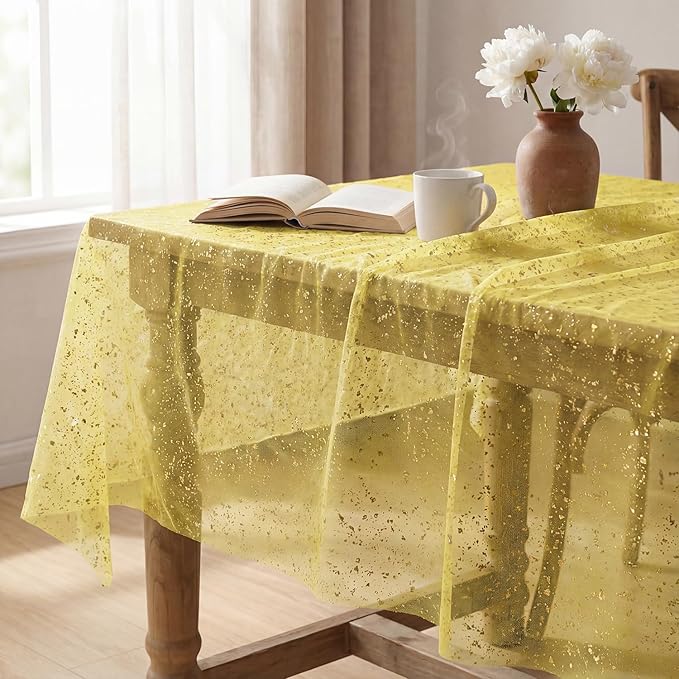 Horaldaily Yellow Gauze Tablecloth 60x140 Inch Rectangular, Golden Sequin Glitter Metallic Foil, Sheer Tulle Cheesecloth for Wedding Baby Shower Ceremony Birthday
