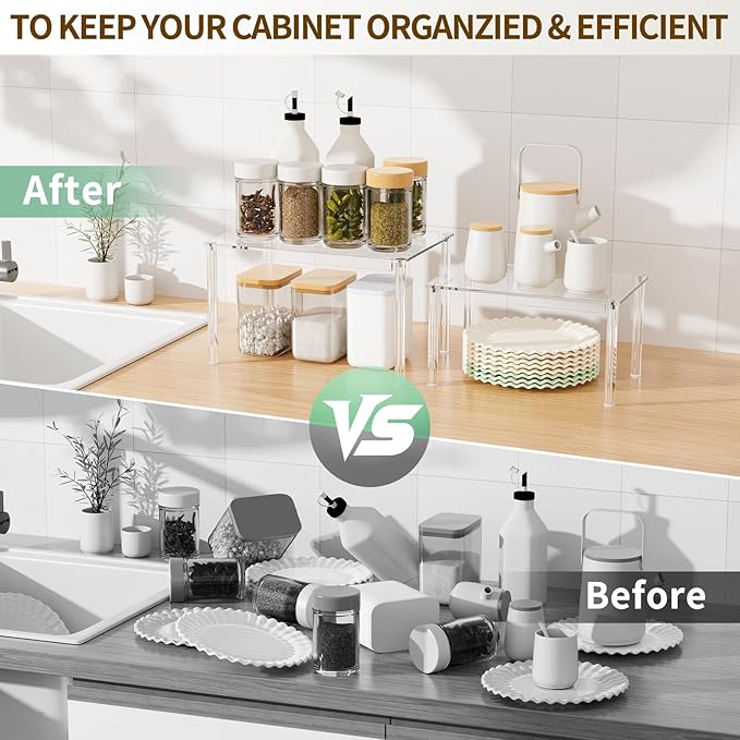 NESTRAXO 2Pack Acrylic Cabinet Organizer, Clear Cabinet Organizer Shelf, Spice Rack Organizer for Cabinet for Dishes, Spices, Soda Cans and Bottles, Stackable Shelves House Essentials for Gift