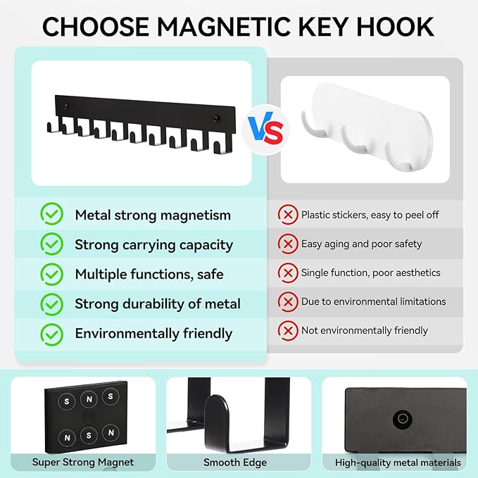 Magnetic Key Holder for Fridge, Heavy Duty Strong Magnetic Key Hanger with 10 Hooks for Refrigerator, Magnetic Key Holder Wall Mount for Metal Surface in Entryway, Garage, Pantry, Washing Machine