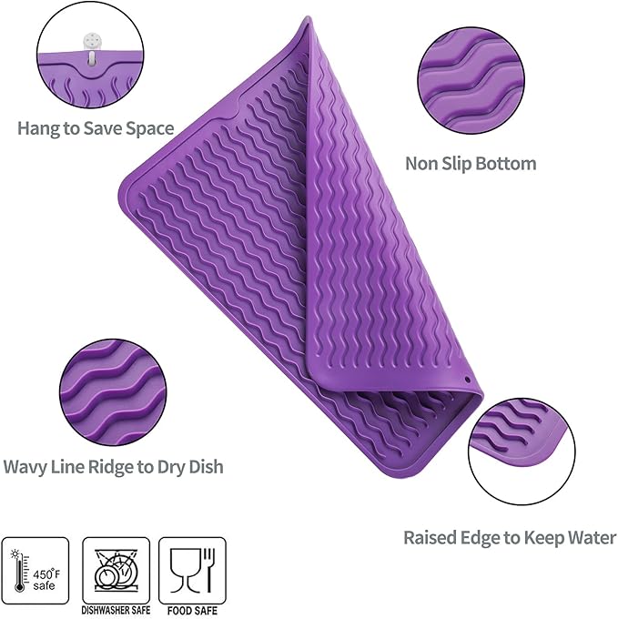 MicoYang Silicone Dish Drying Mat for Multiple Usage,Easy clean,Eco-friendly,Heat-resistant Silicone Mat for Kitchen Counter or Sink,Refrigerator or drawer liner Purple L 16 inches x 12 inches