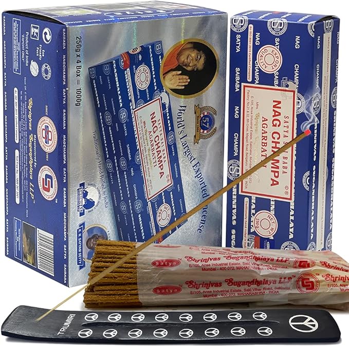 Nag Champa Incense Sticks 250g x 4 and Incense Stick Holder Bundle Insence Insense Satya Incense