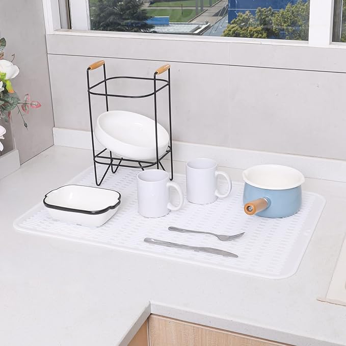 Silicone Dish Drying Mat for Multiple Usage, Easy Clean, Eco-friendly, Heat-resistant Silicone Mat for Kitchen Counter or Sink, Refrigerator or Drawer Liner White 3XL 28 inches x 18 inches