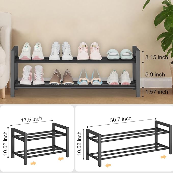 Detsuk 2-Tier Expandable Shoe Rack (17.5"-30.7") – Adjustable Heavy-Duty Metal Shoe Organizer Shelf for Closet, Entryway, Mudroom & Garage – Durable Freestanding Storage, Black
