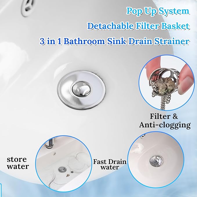 3 in 1 Bathroom Sink Drain Strainer,Universal Pop Up Bathroom Sink Stopper Hair Catcher,with Filter Basket Sealing Ring for Anti-Clogging Odor-Proof,Easy Install Drain Catcher for 1.06”~1.61” Hole