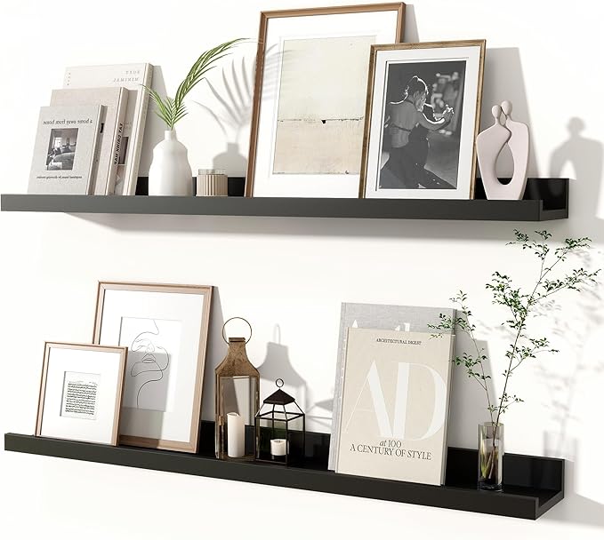 Fun Memories Picture Ledge Shelves Set of 2, 32 Inch Rustic Wall Mounted Floating Shelves with Lip for Home Storage and Decor in Bathroom, Kitchen, Nursery, Bedroom, Living Room, Black