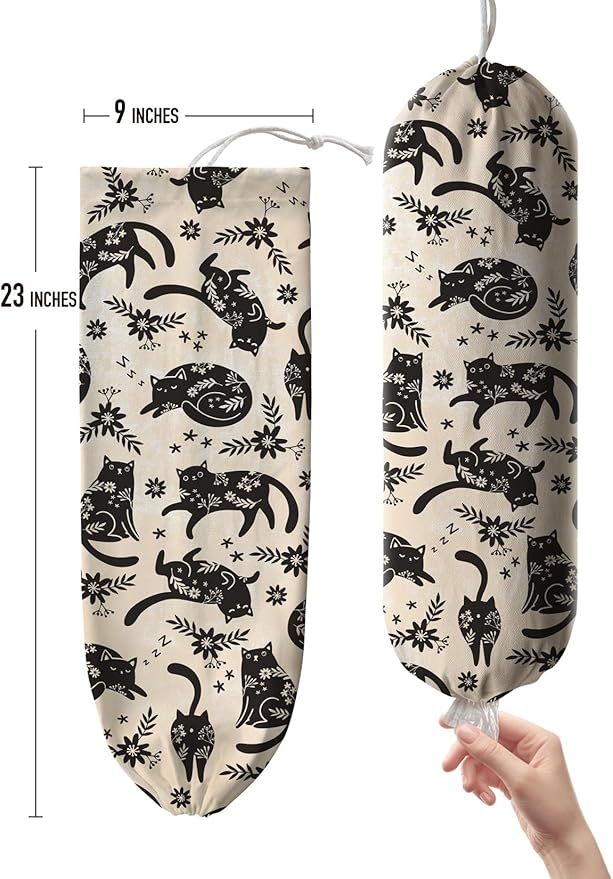 Hglian Black Cat Plastic Grocery Bag Holder, Cute Vintage Flowers Plastic Shopping Bags Organizer Storage Keeper for Kitchen, House Warming Gifts for Women Cat Lover