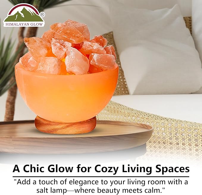 Himalayan Glow Massage Bowl Lamp with Natural Salt Crystal Chunks, Dimmer Cord with Classic Wood Base - Natural Crystal Salt Lamp with Mood Lightening and Night Light