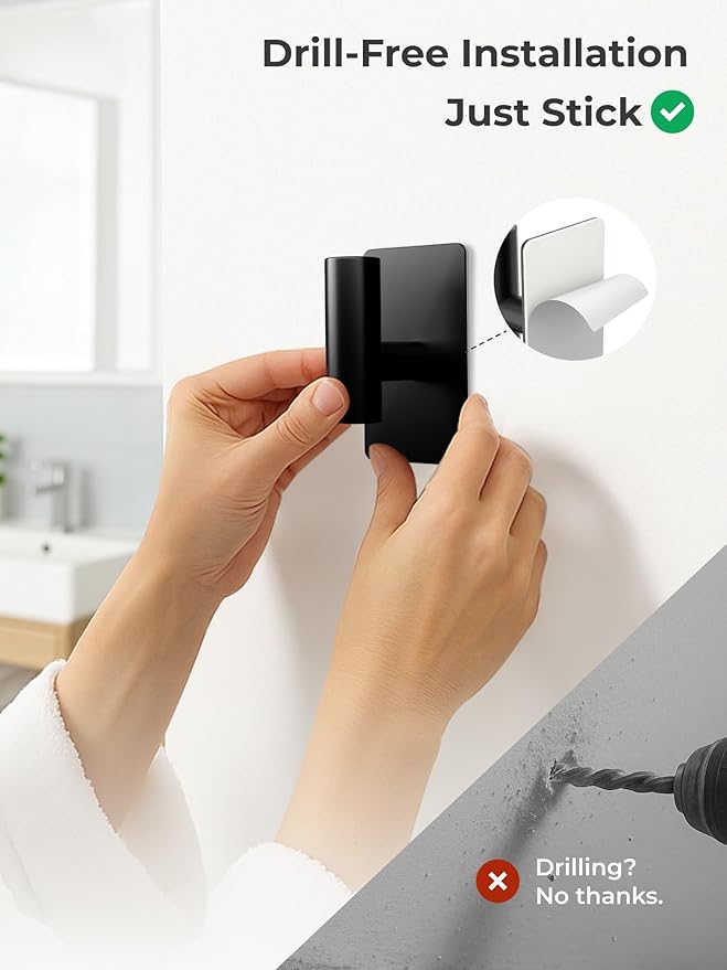 GWAAZXGZ Towel Hooks for Bathrooms – 2 Pack, Matte Black Finish, T-Shaped Stainless Steel Adhesive Wall Hooks for Robes & Towels in Kitchen, Shower, or Closet