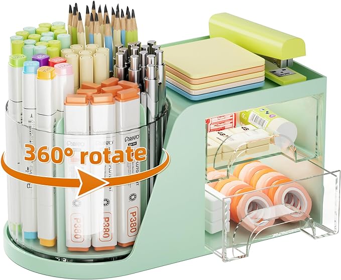 Marbrasse Desk Organizer with 2 Drawers, 360° Rotating Pen Holder, Desk Organizers and Accessories with 6 Slot Pencil Holder + 2 Drawers, Art Supply Storage Box Caddy for Office (Green)