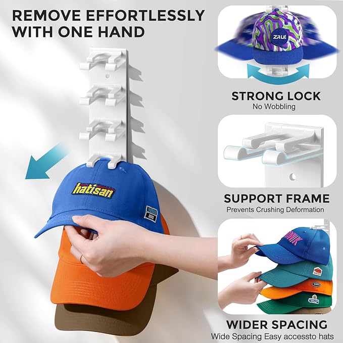 Hat Organizer for Baseball Caps Wall, 2 Pack Hat Holder for Closet Door Holds up to 16 Hats, Hat Hook with Adhesive and 8 Screws, Hat Hanger Cap Holder Hat Hangers for Wall Closet Door Bedroom (A-White)