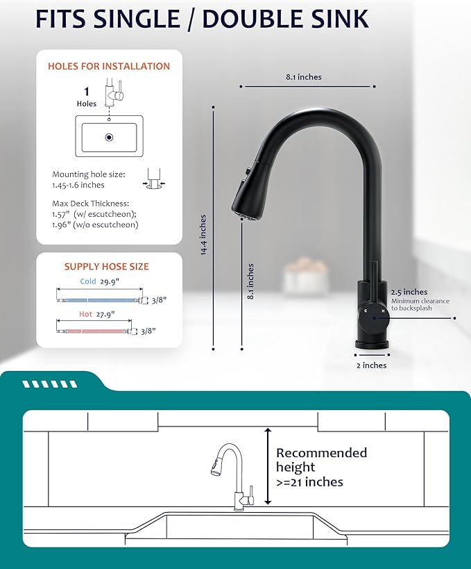 Black Kitchen Faucet with Pull Down Sprayer for RV Sink, VFAUOSIT Kitchen Sink Faucet Stainless Steel Laundry Single Handle Pull Out Kitchen Faucets Matte Black, Grifo para Fregaderos de Cocina