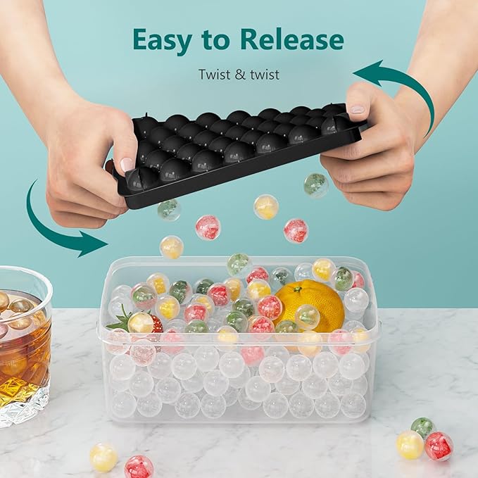 Ice Cube Tray with Lid and Bin, 3 Pack Ice Trays for Freezer, 99 Pcs Round Ice Cube Mold, Ice Maker Bucket with Scoop for Cocktail, Coffee, RV Accessories, Easy to Release (0.8 inch, Black)