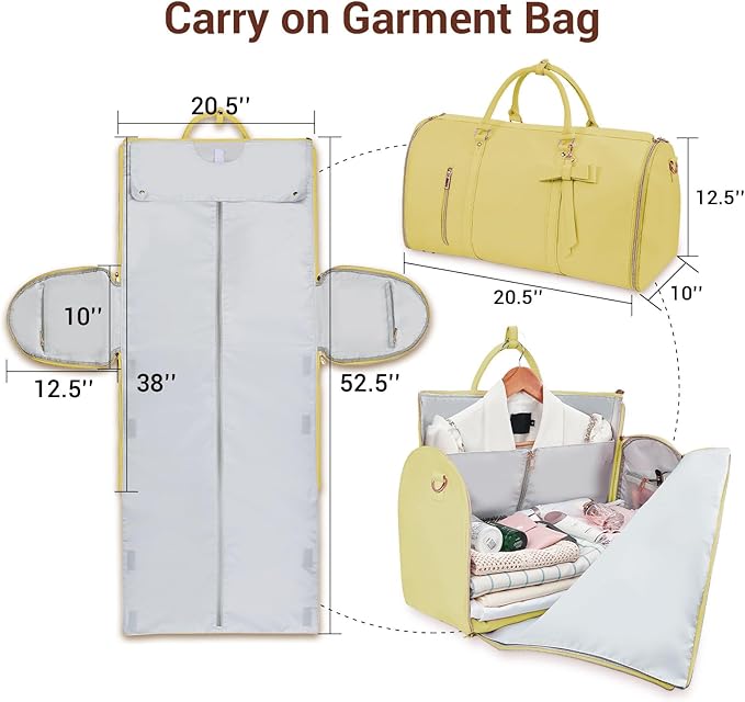 Garment Bags for Travel, Convertible Suit Travel Bag for Women, Stylish Carry On Garment Bag with Toiletry Pocket, Shoulder Strap and Shoes Compartment, 2 in 1 Foldable PU Leather Duffle Bag, Yellow