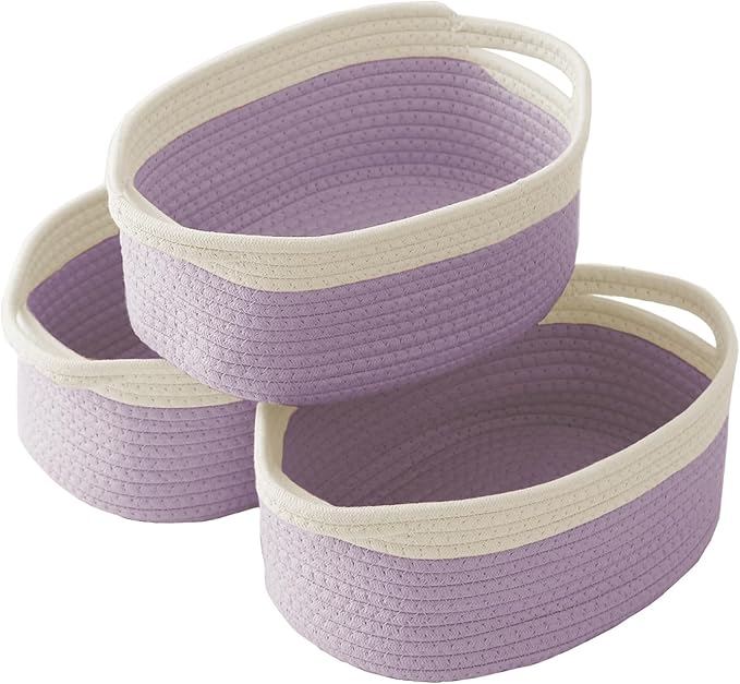 Woven Basket, Small Rope Storage Bin with Handles & Ribbon Bag, Organizer for Shelves Closets, Empty Gift Basket for Birthday, Books, Dog Toys, White & Purple/3 Pack
