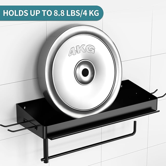 YIGII Wall Mount Paper Towel Holder with Shelf and Phone Stand, Garage Stainless Steel Paper Towel Rack with 4 Hooks for Shop Organization and Storage (Black)