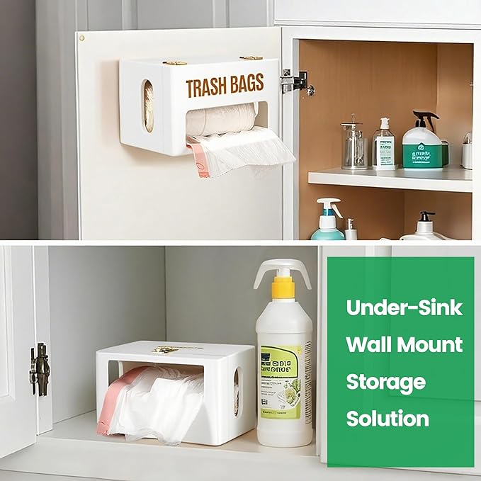 Libreshine Extra Large White Bamboo Trash Bag Holder Dispenser, Fits Costco & Sam's Club Jumbo Rolls, Under-Sink, Cabinet & Wall Mount Organizer, Garbage Bag Storage for Kitchen, Pantry, Garage