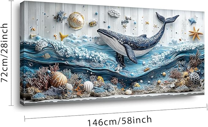 ZESTRILIA Ocean Whale Wall Art for Kids Room Navy Blue Marine Organism Underwater World under the Sea Canvas Painting Prints Artwork Family Living Bedroom Decor Extra Large (58x28 Inches)