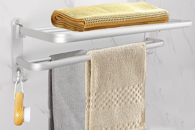 Towel Rack for Bathroom, Bath Towel Holder with Double Towel Bar and Fold-able Towel Shelf, Rustproof Towel Organizer Wall Mounted Towel Storage Hanger for Bath/Balcony/Lavatory(16In Sliver)