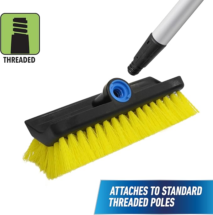 Unger Professional HydroPower Lock-On 10” Bi-Level Scrub Brush, Cleaning Supplies, Scrubber Tool, Compatible with Waterflow Poles, Use in Garage, Driveway, Deck, Concrete, Cement, and Brick