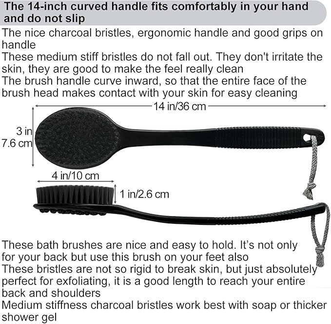 SUPERWASH PLUS Back Bath Brush - Curved Long Handle Shower Brush with Medium Stiff Charcoal Bristles for Cleaning and Exfoliating Body, Back Scrubber for Men & Women (Black 2 Pack)
