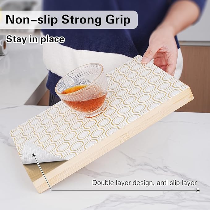 Drawer and Shelf Liner for Kitchen Cabinet,Non-Adhesive Cabinet Liner 18in x 10FT,Waterproof Shelf Paper Non-Slip Mats Cupboard Liners Contact Protect Dresser/Shelves/Table-Gold Octagonal