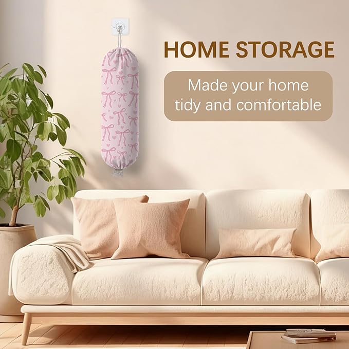 Pink Bow Plastic Bag Holder Dispenser, Plastic Grocery Bag Organizer & Wall Mount Paper Trash Bags Saver Storage for Kitchen Home Pantry Decor, Pink Bow Kitchen Decor Shopping Bags Storage Dispenser