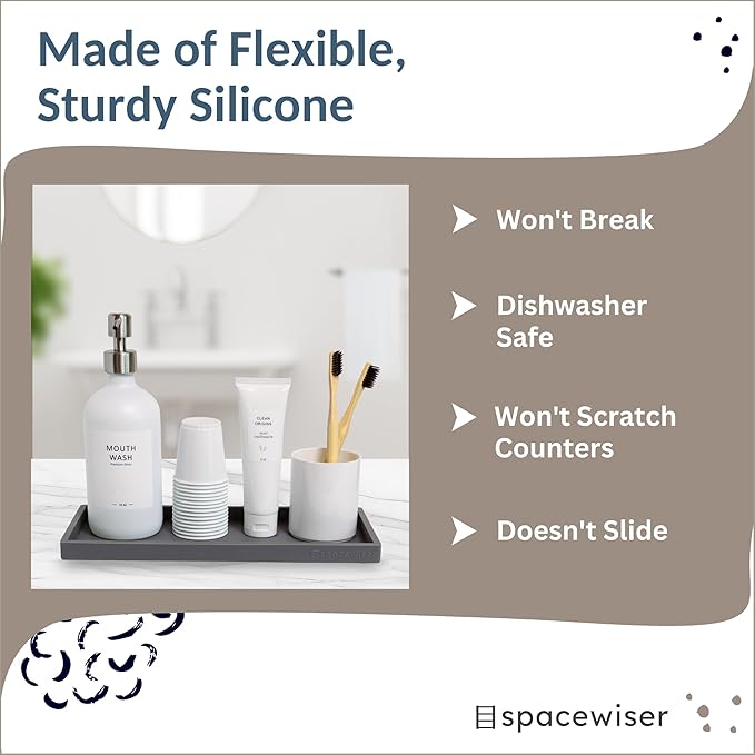 Spacewiser Countertop and Vanity Tray - 2 PC Large 11.7" Silicone Bathroom Trays, Counter Organizer, Dish Soap Sponge Holder Kitchen Sink Tray Organizer, Sink Caddy Toothbrush Key Kitchen Soap Trays