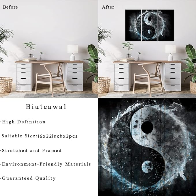 Biuteawal 3 Panel Wall Art Yin Yang Symbol on Wood Backgroud Picture Traditional Chinese Culture Art Prints Black White Blue Painting Retro Artwork Home Office Living Room Bedroom Decor Gallery