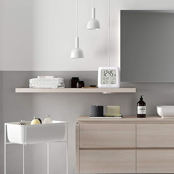 KADAMS Bathroom Clock 9.5" Kitchen Wall Clock with Large LCD Screen – Shower Clock with Suction Cup,Temperature, Humidity, Calendar – Water-Resistant, 4 Mounting Options, White