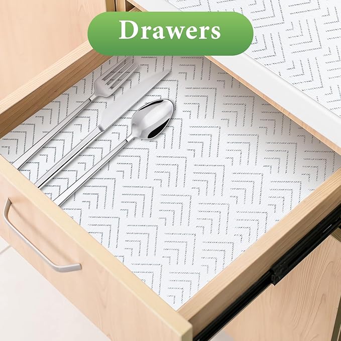 Shelf Liner for Kitchen Cabinets, Non-Adhesive Drawer Liner, Non-Slip, Thickened Shelf Liner Paper, Strong, Easy to Clean, for Toolbox Refrigerator with Knife and Tape Measure, Silver Arrow, 11.8 x 354.3 in