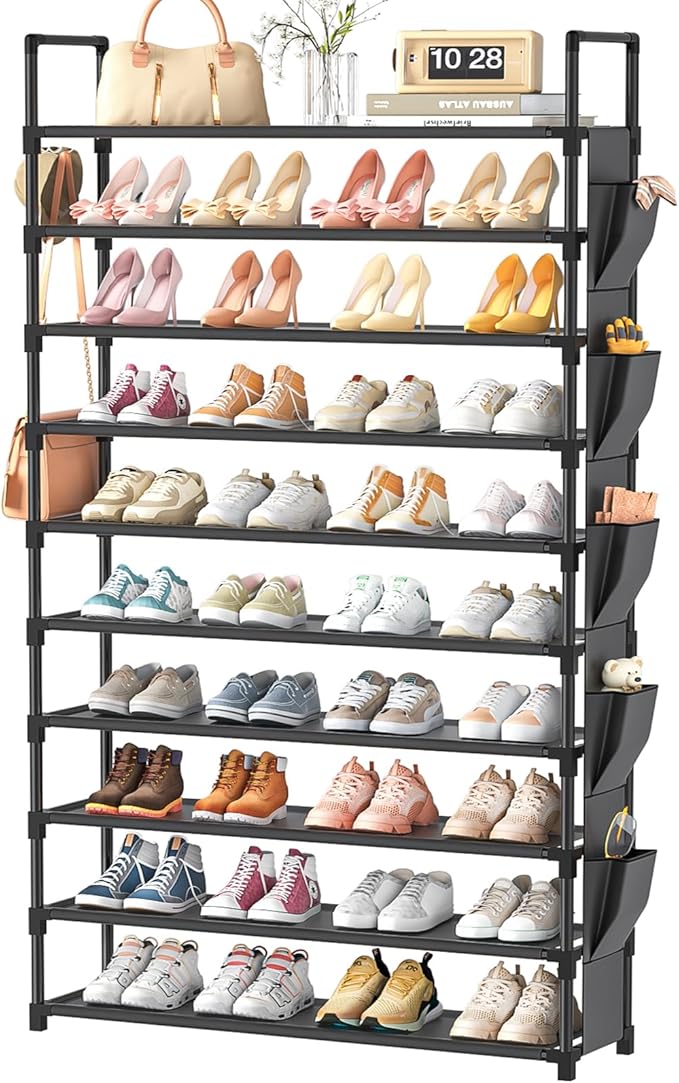 Tall Shoe Rack 10 Tier Shoe Racks Organizer for Closet 40-45Pairs,Large Capacity Storage Rack for Shoes with 5Hooks,Sturdy Metal Shoe Shelf, Vertical Shoe Stand Tower