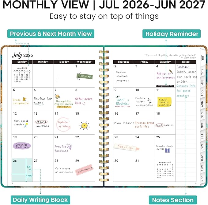 Academic Planner 2026-2027, Weekly and Monthly Calendar Book, July 2026 – June 2027, Hardcover Planner with Tabs, Perfect for Teachers, Students, Women & Men, A5 (6.4" x 8.5") - Ocean
