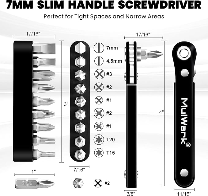 MULWARK 11-Piece Small Screwdriver Set, 1/4" Right Angle Screwdriver with Multi Bits - Ultra Low Profile Offset Driver for Automotive Repair, Electrical Work, Bicycle & Household Maintenance EDC Kit