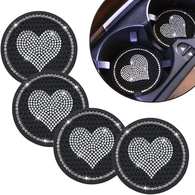 Car Coasters for Cup Holders, 2.75 Inch Auto Cup Holder Insert Coasters Silicone Anti-Slip Crystal Rhinestone Cute Drink Car Cup Mat, 4PSC Bling Car Accessories for Women & Lady (Heart Black)