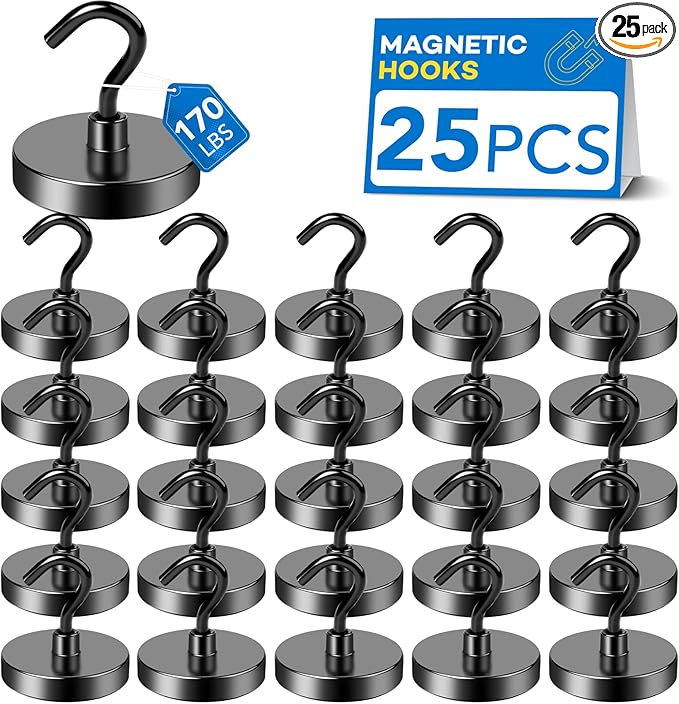 LOVIMAG Magnetic Hooks for Cuise Cabins, 170lbs+ Magnet Hooks Cruise Essentials 2026, Strong Magnets with Hooks Heavy Duty for Toolroom, Garage, Grills -25 Pack Black